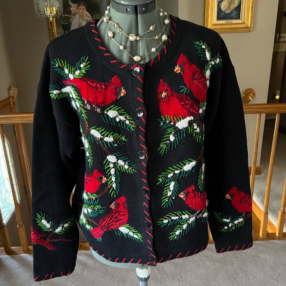Design Options M Christmas Cardinal Birds Sweater Cardigan #2